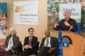Boston comedian Lenny Clarke, a spokesman for Weight Watchers, discussed his own weight loss during a press conference at Dorchester House Mutli-Service Center on Tuesday. Photo courtesy 	Don Harney/Mayor’s Office